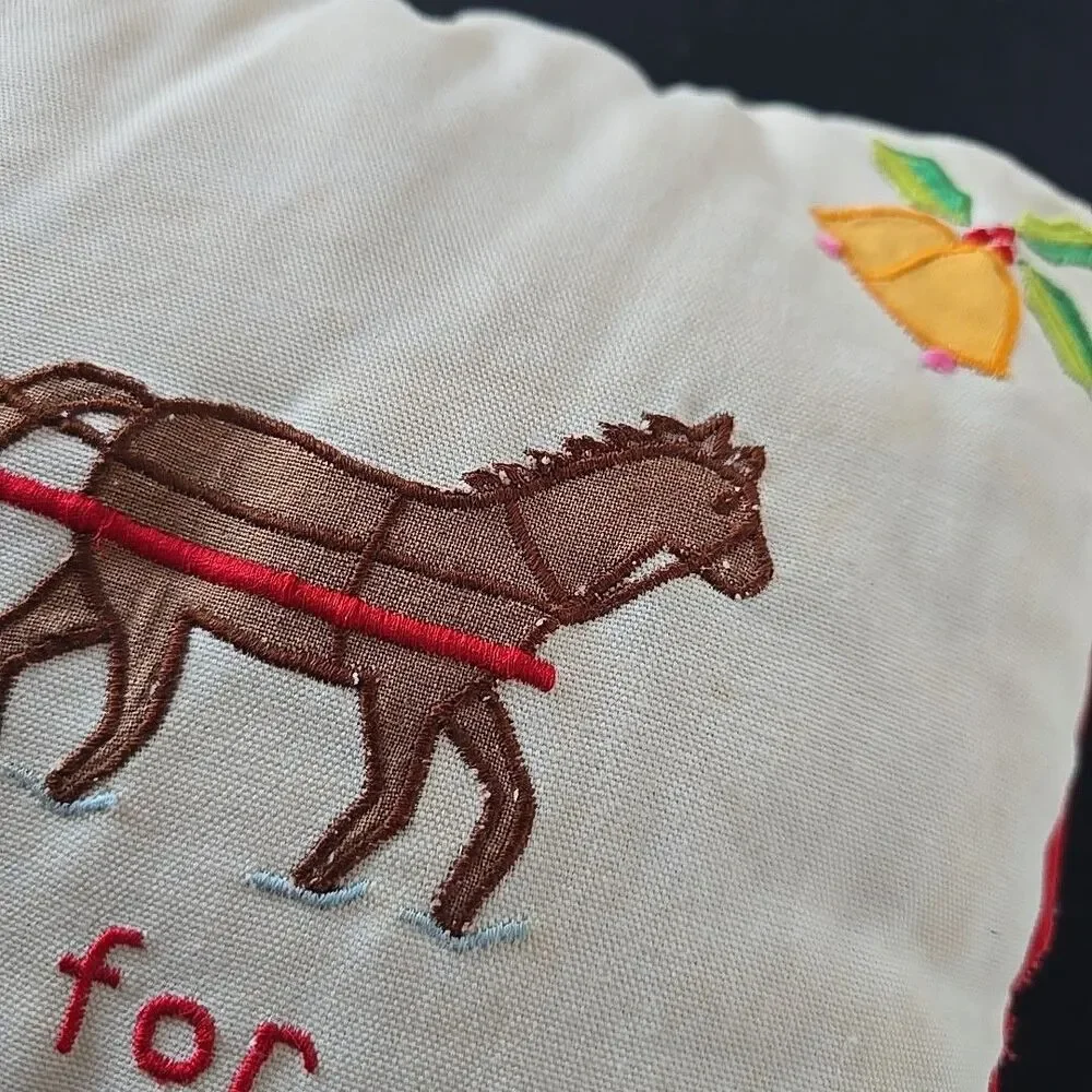 Vintage Silvestri Christmas Pillow Embroidered Applique Sleigh Horse Bells Holly